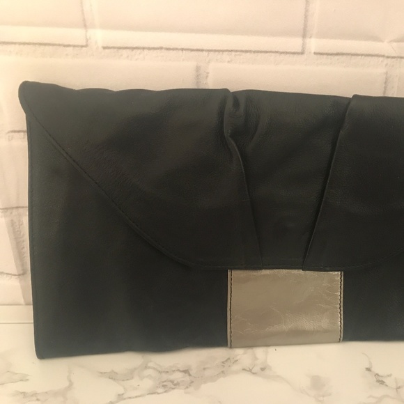 NEW - Black Leather Clutch > Silver and Floral - Picture 2 of 4